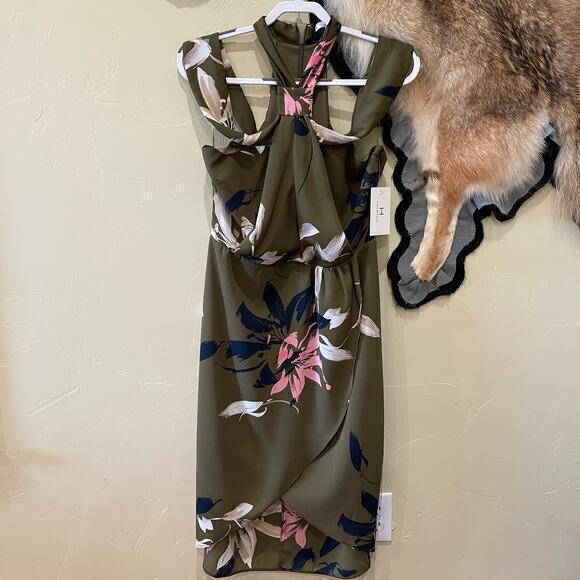 H by Halston Draped Halter Dress in Olive Floral 10‎ - Picture 2 of 9